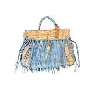 French Baskets Miami Boho Fringe Blue Leather Mail Straw Bag Top Handle Beach